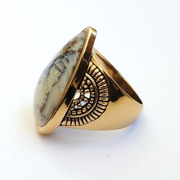 Barse African Opal Statement Ring Sz 8 3/4 Bone White Gray Blue Goldtone Boho - Picture 3 of 6